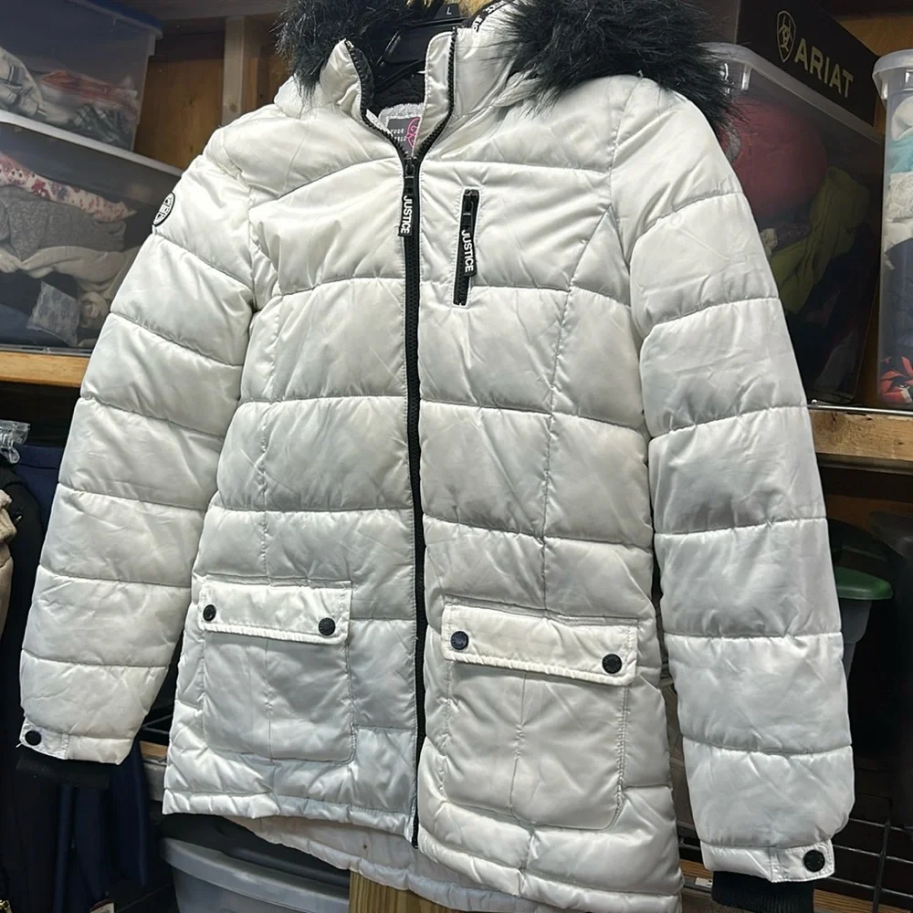 Justice White Puffy coat white with black‎ trim girls size 14/16